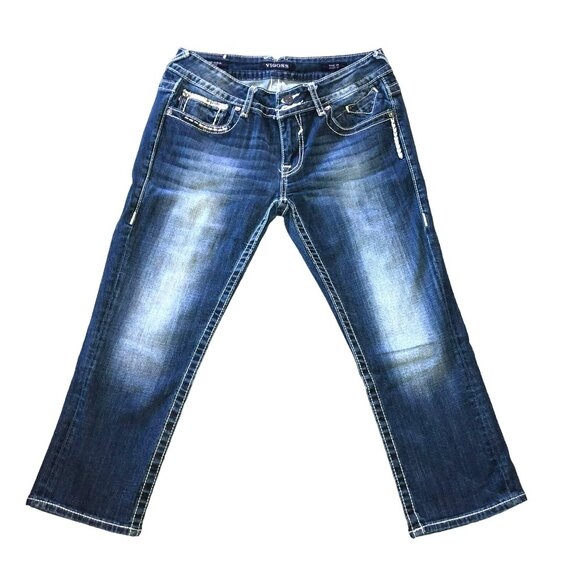 VIGOSS LOW RISE CAPRIS JEANS SZ 29 X 21 BLUE EMBROIDERED THE DUBLIN BLING WOMENS - Picture 3 of 7